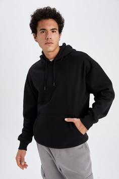 سوییشرت مردانه سیاه دفکتو ا Oversize Fit Kapüşonlu Kanguru Cepli Sweatshirt