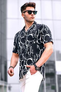 پیراهن دکمه ای طرحدار مدل اسلیم فیت آستین کوتاه مردانه مدمکست Madmext (ساخت ترکیه)