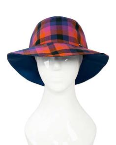 کلاه زنانه دورو لبه دار صورتي آبي چهارخانه تارتن Tartan