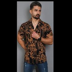 پیراهن هاوایی مردانه طرح گل قهوه ای مدل B72