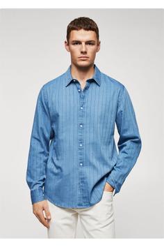 پیراهن آستین بلند مردانه آبی مانگو ا Çizgili Kot Gömlek