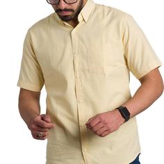 پیراهن پنبه ای مردانه آستین کوتاه لیمویی سفید شطرنجی - کد T1110
