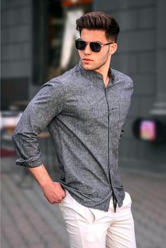 پیراهن مدل دکمه ای یقه ایستاده طرح ساده آستین بلند مردانه مدمکست Madmext (برند ترکیه)