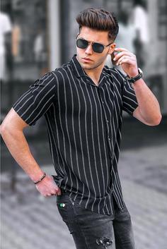 پیراهن مدل دکمه ای یقه پیراهنی طرح راه راه آستین کوتاه مردانه مدمکست Madmext (برند ترکیه)