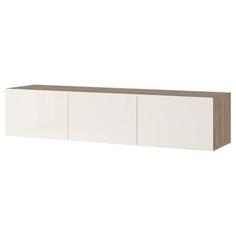 میز تلویزیون دیواری سه درب ایکیا مدل BESTA Selsviken بدنه گردویی مات درب سفید هایگلاس عرض 180 سانتیمتر