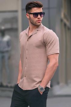 پیراهن اسلیم فیت آستین کوتاه راه‎راه قهوه ای مردانه برند Madmext کد 1685012501