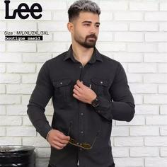 پیراهن جین مردانه زغالی دو جیب لی آستین بلند