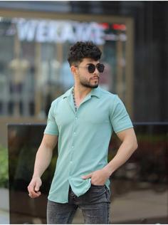 پیراهن یقه پنبه ای آستین کوتاه تابستانی طرح‎دار سبز نعنایی مردانه برند mavisima erkek giyimi کد 1687416854