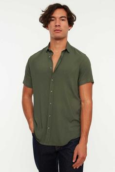 پیراهن متناسب ابریشم مصنوعی یقه تابستانی آستین کوتاه یشمی مردانه برند TRENDYOL MAN کد 1687424851