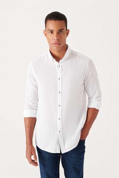 پیراهن برش دکمه‎دار یقه نرم سفید استاندارد 100پنبه مردانه برند Avva کد 1687607623