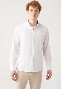 پیراهن برش راحت دکمه‎دار کتان یقه بافتنی سفید 100پنبه برند Avva کد 1687607550