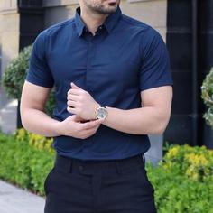 پیراهن آستین کوتاه سرمه ای ساتن کش درجه یک - XXL ا Navy Blue Satin Pull Shirt