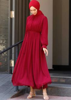 لباس مجلسی زنانه آستین بادکنکی چین دار قرمز برند saretex