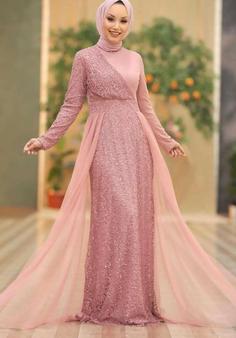 لباس شب بلند زنانه گیپور پولک دار دنباله توری کالباسی برند Neva Style