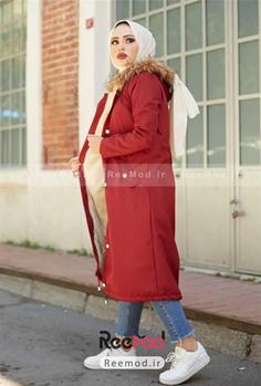 کاپشن بلند کلاه خز دار آستر پشمی زنانه قرمز برند Bestenur