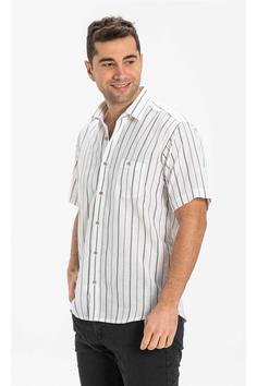 پیراهن دستمال جیب دار راه‎راه تک آستین کوتاه سایز بزرگ سفید مشکی مردانه برند Eliş Şile Bezi کد 1688884328
