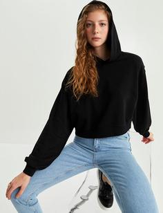 سوییشرت زنانه سیاه برند XSIDE ا Kapüşonlu Düz Uzun Kollu Kadın Sweatshirt