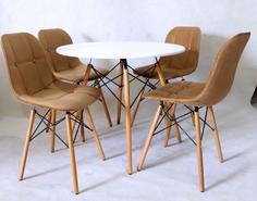 میز و صندلی نهارخوری ۴ نفره پارچه مازراتی طرح ایفلی پایه چوبی - سفید / سفید / سفید