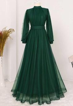لباس مجلسی بلند زنانه چین دار مرواریدی سبز برند Modamorfo