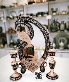 آینه شمعدان بوته جقه مس و تراش