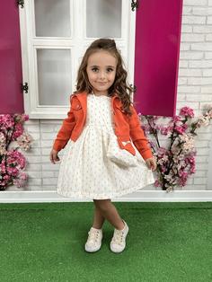 خرید اینترنتی پیراهن رسمی نوزادی دخترانه نارنجی برند LUGGİ BABY LG3374 ا Bisiklet Yaka Kolsuz Kız Çocuk Elbise Ceket ve Çanta 3’lü Takım