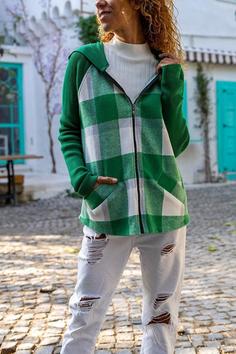 خرید اینترنتی سوییشرت زنانه سبز برند Güneşkızı GK-BST3194 ا Kadın Yeşil Cepli Kapüşonlu Raglan Kol Ekose Ceket Hırka GK-BST3194