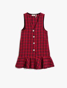 خرید اینترنتی پیراهن مجلسی دخترانه قرمز کوتون 3WKG80068AW ا Tüvit Elbise Düğmeli Kolsuz Fırfırlı