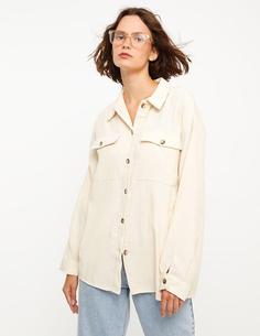 ژاکت زنانه سفید برند XSIDE W2BQ54Z8 ا Önden Düğme Kapamalı Düz Uzun Kollu Kadife Kadın Gömlek Ceket