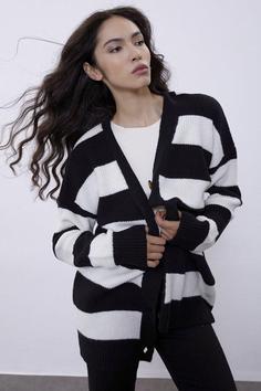 خرید اینترنتی ژاکت زنانه سیاه سفید برند Sherin SWC4435 ا Ekru Çizgili Triko Hırka SWC4435EK