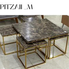 میز جلومبلی‌عسلی فلزی مدل پیتزایی مربع - آینه / گلد / سفید