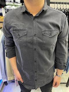 پیراهن آستین بلند جین دو جیب درجه یک زغالی - 2XL / زغالی