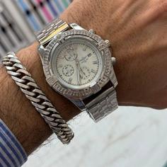 ساعت مچی بند استیل مردانه نقره ای صفحه سفید برند BREITLING کیفیت عالی وارداتی از دبی دارای گارانتی 