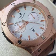 ساعت مچی مردانه هابلوت بند رابر  قهوه ای قاب استیل صفحه  سفید  HUBLOT 