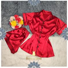 ست بلوز و شلوارک لاکچری زنانه ساتنLX درجه یک برند بانولند فری سایز مدل Red Style