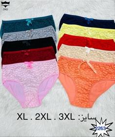 شورت نخی جلو گیپور برگ کد2263👙 بسته 10 تایی سایز 2XL