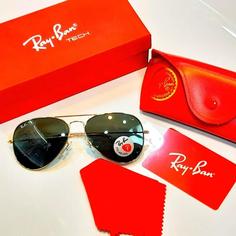 عینک آفتابی برند ریبنRayban  رنگ جلد  مشکی یک جلد مشکی طرح چرم کمربندی عدسی شیشه  پلاریزد جیوه polarized  خلبانی  