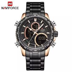 ساعت مردانه بنداستیل دو زمانه مشکی طلایی برند Naviforce 9182