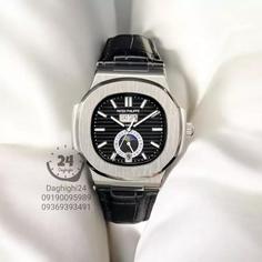 ساعت مچی پتک فیلیپ ناتیلوس تقویم سالانه نقره ای استیل صفحه مشکی بند چرمی patek philippe nautilus