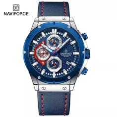 ساعت مردانه بندچرم آبی سه موتور فعال برند Naviforce 8027