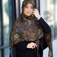 روسری نخ وی آی پی طرح سنتی بته جقه قهوه ای طلایی منگوله دار 