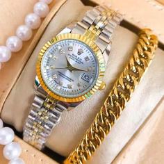 ساعت مچی عقربه ای زنانه،دخترانه برند (ROLEX) به همراه دستبند ست و جعبه کادویی