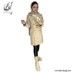 بارانی زنانه پارچه کتان یقه انگلیسی شش دکمه روهمگرد دار رنگ کرم کد 34976