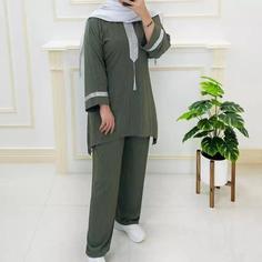 ست تونیک شلوار پارچه کریشه مدل کتیبه در 9 رنگ فری سایز 40-54 دارای کشسانی کمر دار سرهمی