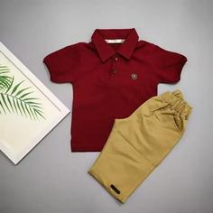 تیشرت تک یقه دار پسرانه 6 تا 8 سال خردلی و زرشکی تیشرت پنبه 