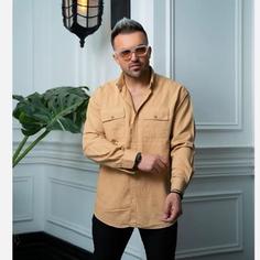 پیراهن کتان دوجیب مردانه رنگ نخودی آستین بلند 