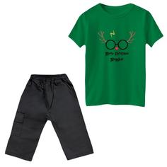 ست تی‌شرت و شلوارک پسرانه مدل عینک و شاخ رنگ سبز