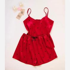 لباس خواب ساتن سه تیکه طرح قرمز قلب مشکی