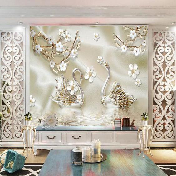 پوستر دیواری سه بعدی مدل شاخه گل سفید قو طلایی DVRF1227|دیجی‌کالا