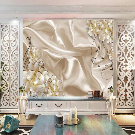 پوستر دیواری سه بعدی مدل گل برجسته سفید لبه طلایی مرواریدی زمینه ساتن DRVF1235|دیجی‌کالا