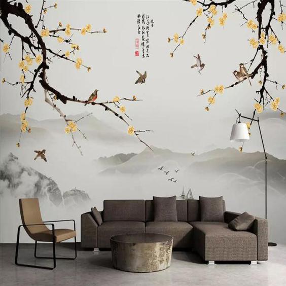 پوستر دیواری سه بعدی مدل نقاشی شاخه شکوفه زرد DVRF1280|دیجی‌کالا
